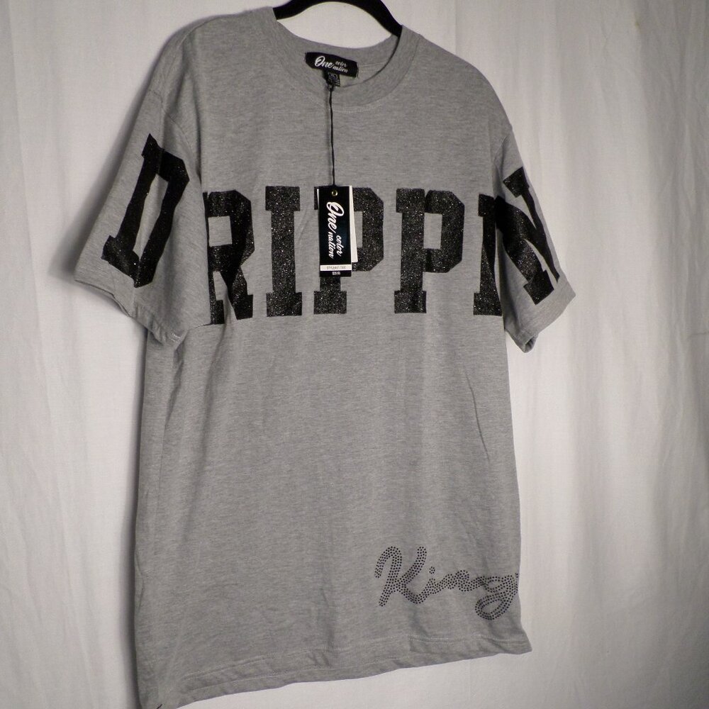 One Color Nation Drippin King Grey TShirt W/Black Glitter Lettering Sz XL NWT